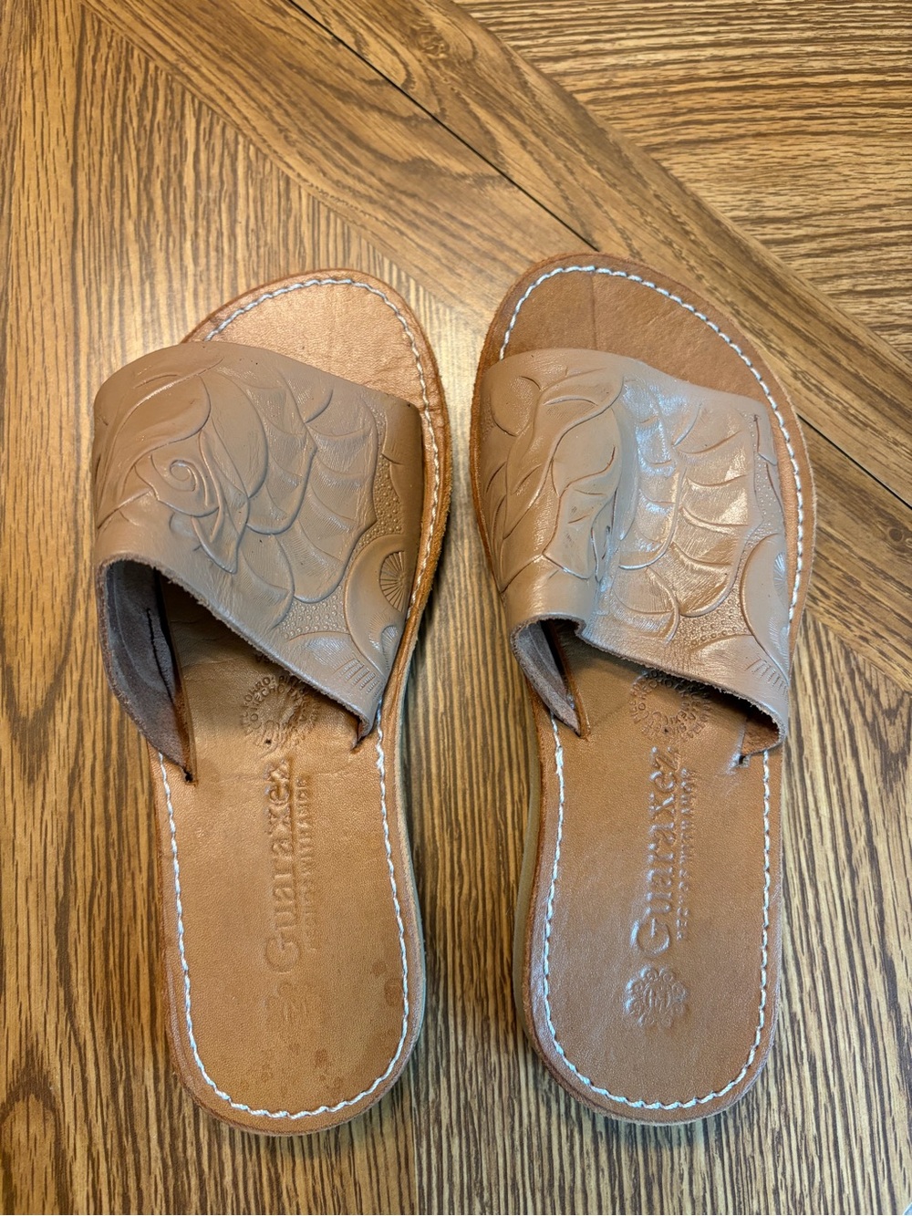Women's Tan Leather Slide Sandals - Floral Embossed